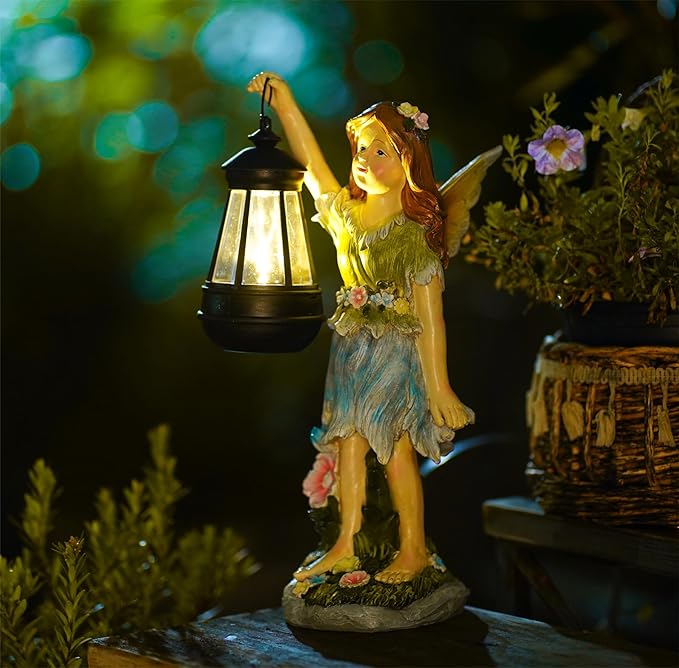 Fairy Garden Statue Solar Garden Fairy with Lantern Light Outdoor Garden Decoration Waterproof Solar Garden Sculpture for Patio Yard Lawn Gift for Mom Grandma-VerdiqueGarden