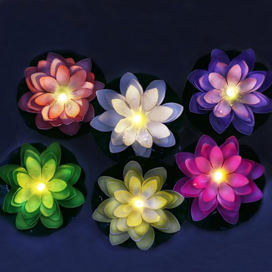 12 PCS Waterproof Floating Lotus Light - Diwali 5 Inch Floating Flower Light Battery Operated Water Activated Warm White Light Pool Flower Lamp Wedding,Anniversary,Garden Decoration(Mix-Color)-VerdiqueGarden