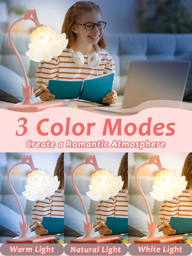 Flower Table Lamp,LED Reading Light Bedside Vintage Flower Night Light,3 Colors Modes Kawaii Bedside Lamps Decor,Living Room Bedroom Room Lighting Table Lamps Home Decoration (Pink)-VerdiqueGarden