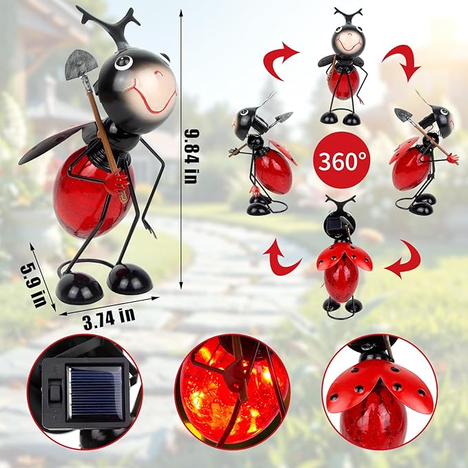 Solar Garden Statue Ladybug Decor,Outdoor Decorative Tabletop Lanterns,Outdoor Ladybug Figurines Decorations for Patio Yard Lawn Ornaments,Birthday Gifts for Mom Women Grandma-VerdiqueGarden