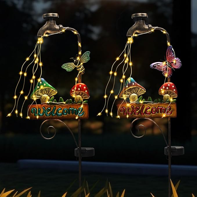 2 Pack 'Welcome' Mushroom & Butterfly Solar Yard Lights - Outdoor Solar Lights for Yard Decorative, Garden Decor Lawn Ornaments, Unique Decorative Garden Stakes for Pathways-VerdiqueGarden