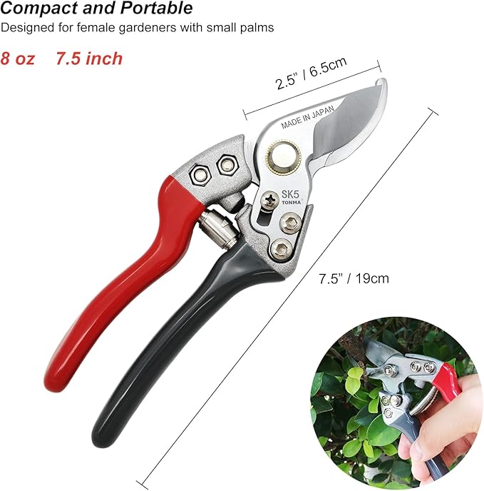TONMA Pruning Shears [Made in Japan] Professional 7.5 Inch Premium Plant Garden Scissors Secateurs with Ergonomic Handle, Bypass Hand Pruners Branch Gardening Clippers for Plants-VerdiqueGarden
