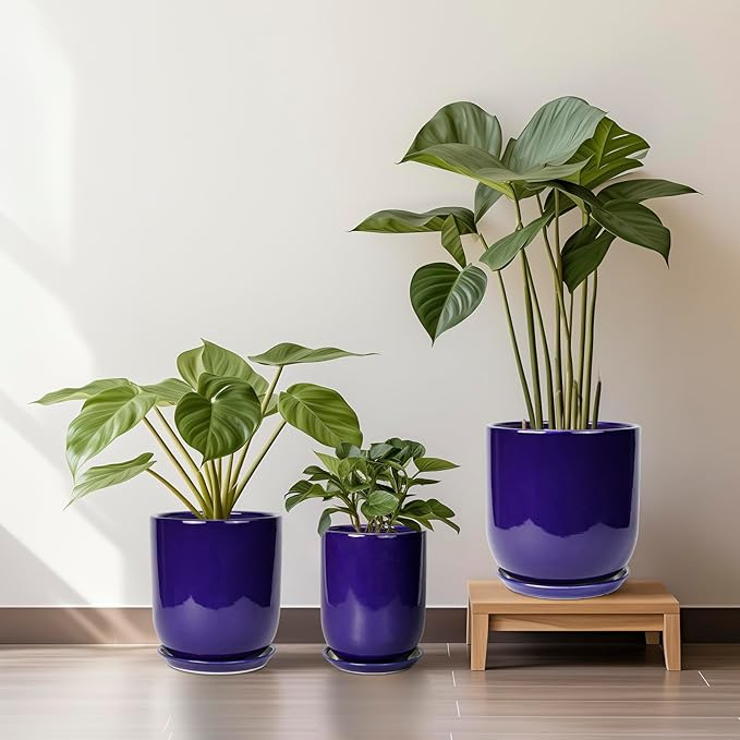 10 Inch Plant Pot - Ceramic Pot for Indoor Plants Large Planter Modern Outdoor Flower Pot with Drainage Hole and Saucer for Home Patio Decor Blue-VerdiqueGarden