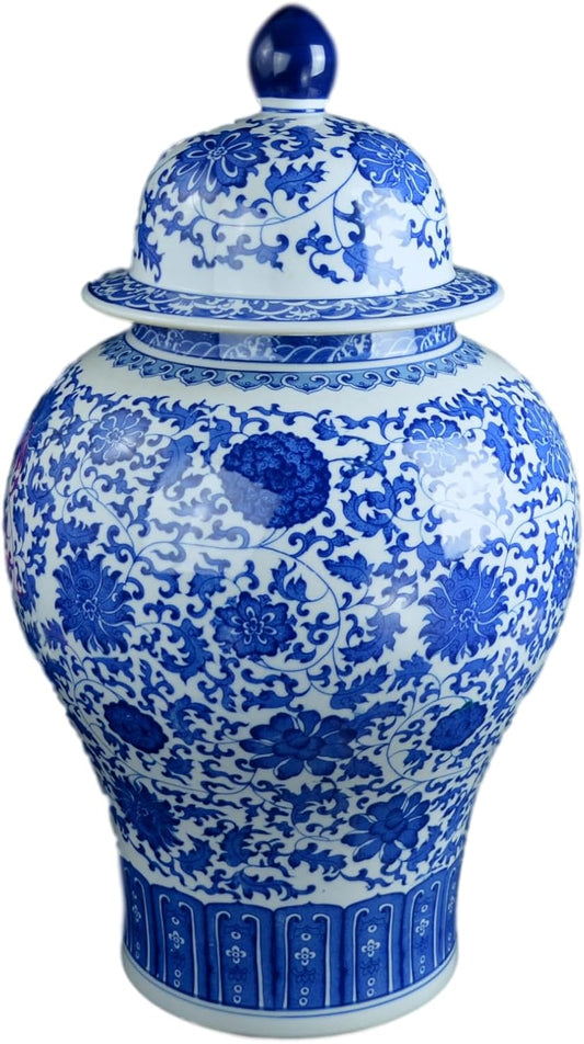 24" Classic Blue and White Floral Porcelain Ceramic Temple Ginger Jar Vase, Large China Qing Style (Blue and White 24-5)-VerdiqueGarden