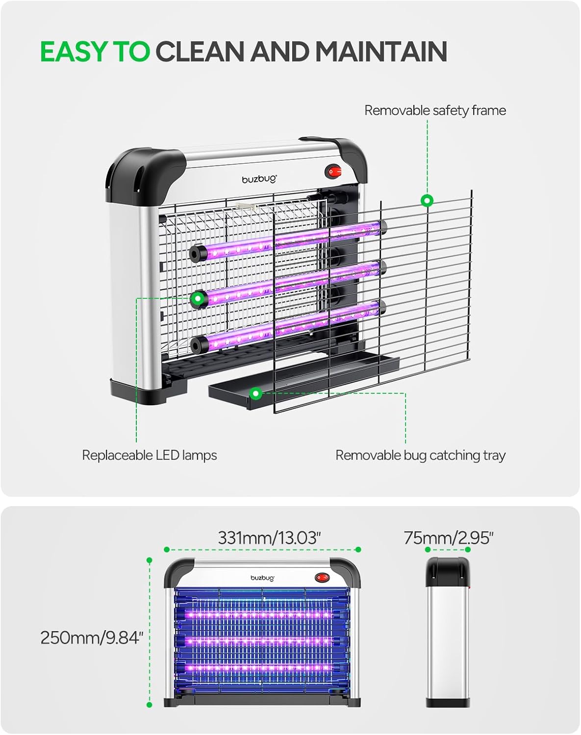 Buzbug LED Bug Zapper Indoor, 10 Years Lifespan 3 Lamps Enhance Insect Attraction, 3800V High-Voltage, Electric Mosquito Zapper, Fruit Fly Mosquito Moth Gnat Trap, Killer, Zapper -MA009-VerdiqueGarden