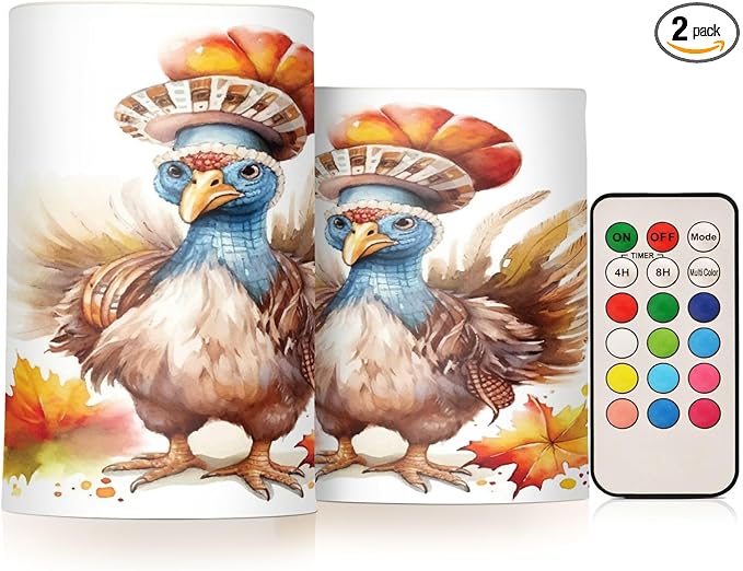 Flickering Flameless Candles, Cute Turkey Thanksgiving Pumpkin LED Candles with Remote Timer, Set of 2 Battery Operated Candle for Valentine Wedding Birthday-VerdiqueGarden