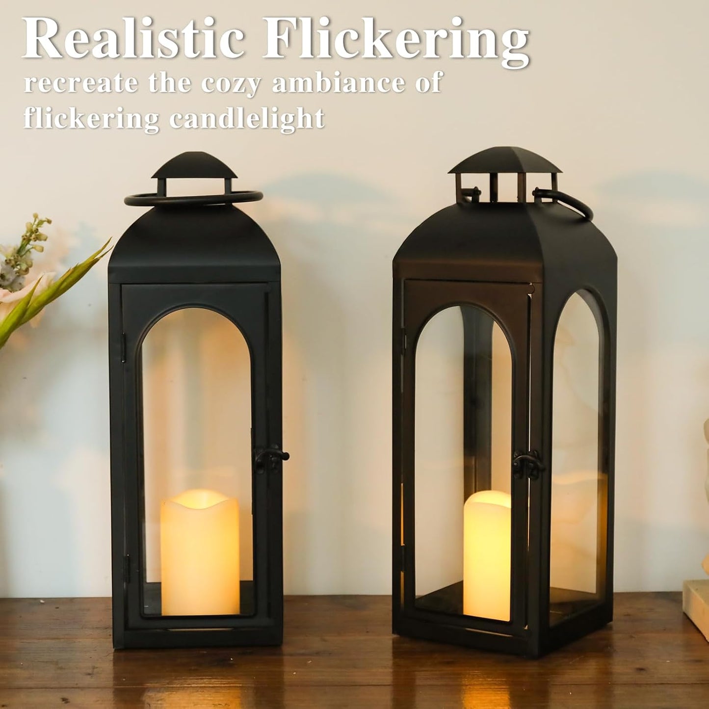 Bdor 2 Pack 20 Inches Metal and Tempered Glass Decorative Lantern with Electronic Wax Effect - Indoor/Outdoor Decorative Lighting, Handcrafted Aesthetic, Perfect for Home, Parties, and Holiday Decor-VerdiqueGarden