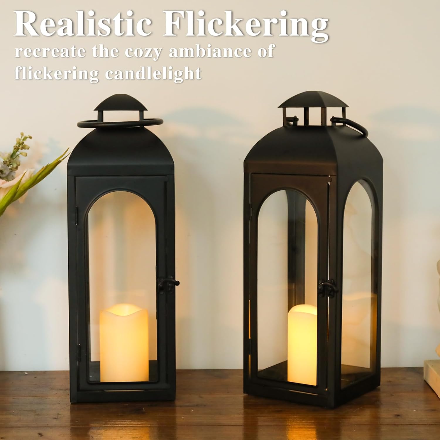 Bdor 2 Pack 20 Inches Metal and Tempered Glass Decorative Lantern with Electronic Wax Effect - Indoor/Outdoor Decorative Lighting, Handcrafted Aesthetic, Perfect for Home, Parties, and Holiday Decor-VerdiqueGarden