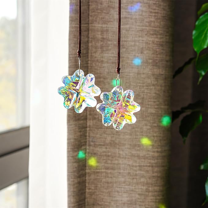 HDCRYSTALGIFTS 2PCS Crystal Prisms Suncatchers for Windows Christmas Ornaments,Lucky Four Leaf Clover Rainbow Maker Hanging Prism Sun Catchers for Home Garden Decoration,45mm-VerdiqueGarden