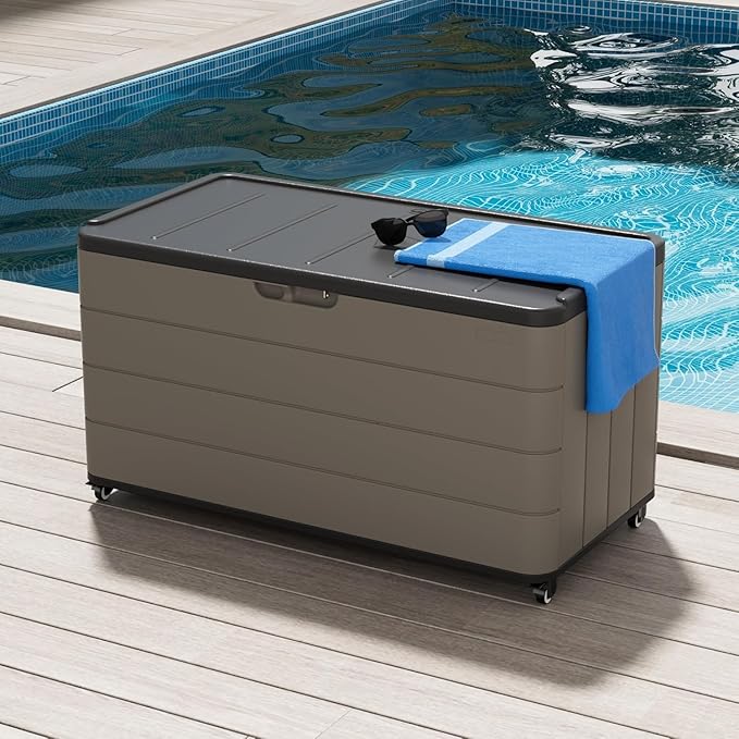 100GAL Brown Wicker-Textured Deck Box with Wheels – Lockable, Waterproof, UV-Resistant, Spacious Storage for Patio & Garden Supplies, Easy Handling-VerdiqueGarden