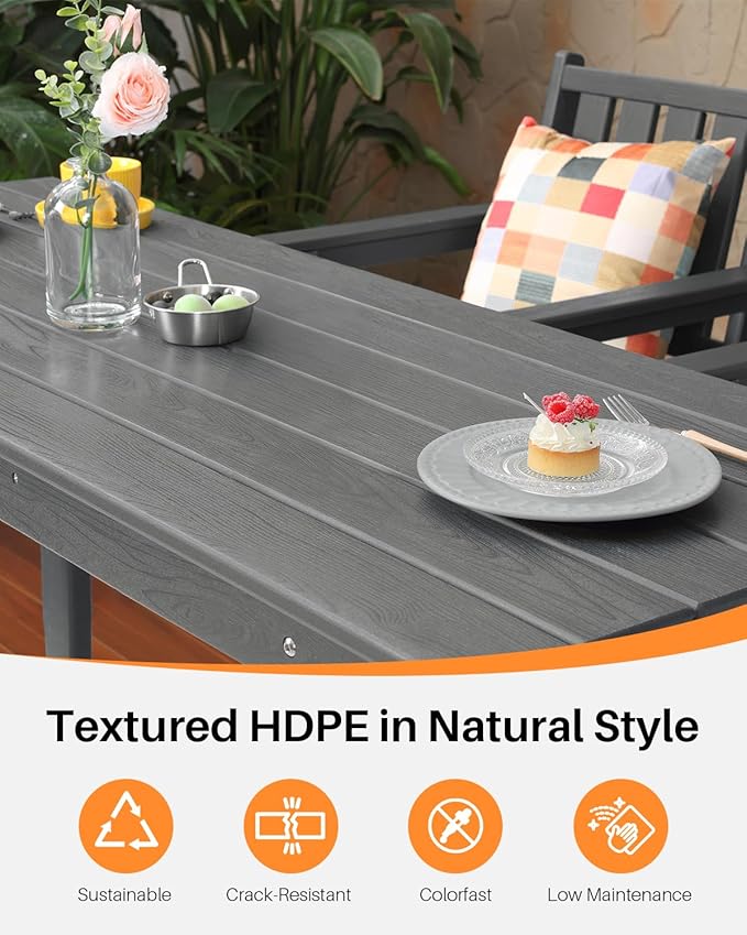 3 Pieces HDPE Outdoor Patio Bar Set, Rectangular Bar Height Table and Chairs Set, Patio Bar Stools Set, HDPE Outdoor Bar Table and Chairs Set for Balcony, Poolside, Porch, Smoke Gray-VerdiqueGarden