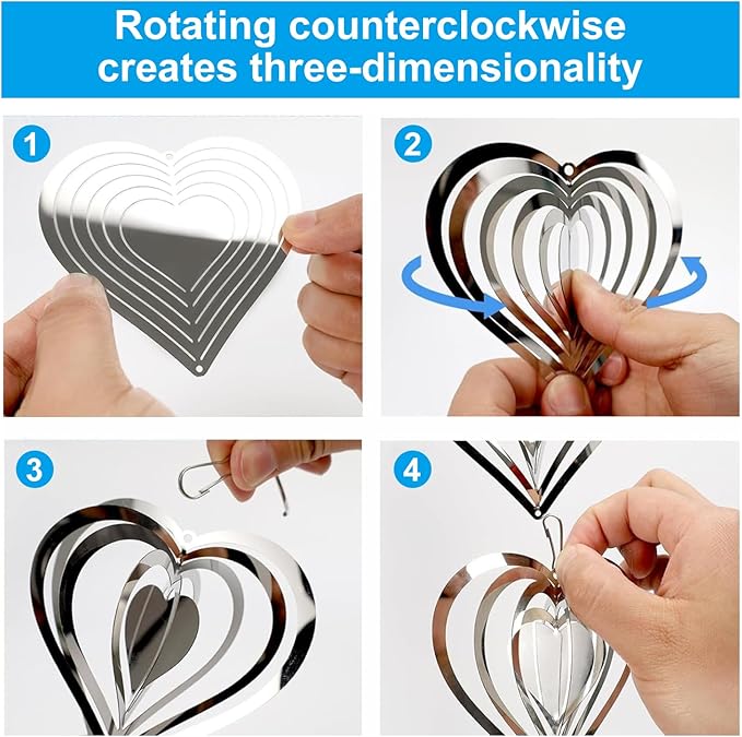 12 Metal Heart Bird Scarer Discs Set, Wind Spinners 3D Helix Reflector Stainless Steel Sparkly Outdoor Garden Decor, Scare Birds & Animals Away from Garden Yard Patio Lawn Farm Wind Sculpture Gifts-VerdiqueGarden