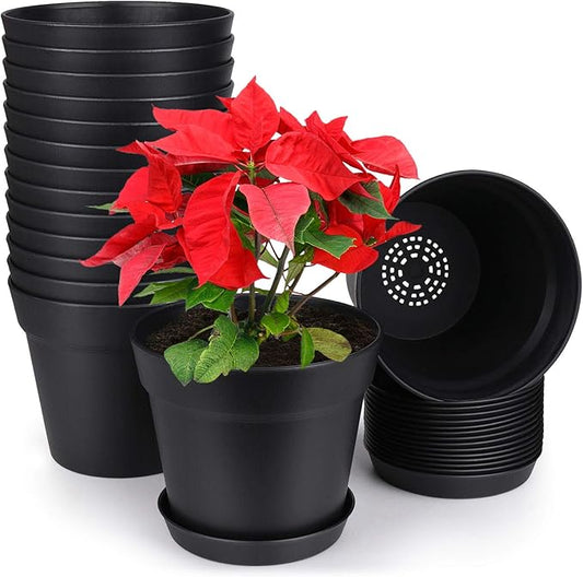 Homenote Pots for Plants, 15 Pack 6 Inch Plastic Planters with Multiple Drainage Holes and Tray,Plant Pots for All Home Garden Flowers Succulents (Black)-VerdiqueGarden