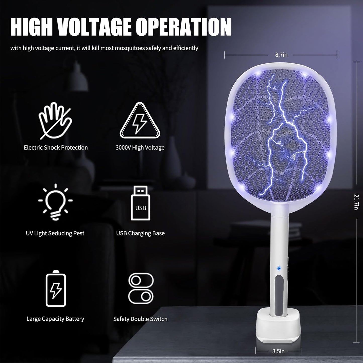 Lulu Home 2-in-1 Electric Bug Zapper Racket, 3000V High Voltage LED Lighted Handheld Mosquito Swatter with 3 Layer Safety Mesh, USB Charging Portable Fly Killer Racquet for Indoor Outdoor Use-VerdiqueGarden