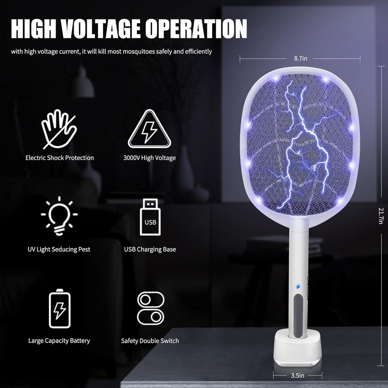 Lulu Home 2-in-1 Electric Bug Zapper Racket, 3000V High Voltage LED Lighted Handheld Mosquito Swatter with 3 Layer Safety Mesh, USB Charging Portable Fly Killer Racquet for Indoor Outdoor Use-VerdiqueGarden