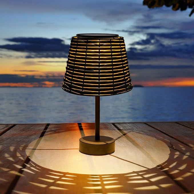 Solar Rattan Woven Desk Lamp, Outdoor Table Lamps for Patio, Garden, Bedroom, Living Room (Black)-VerdiqueGarden