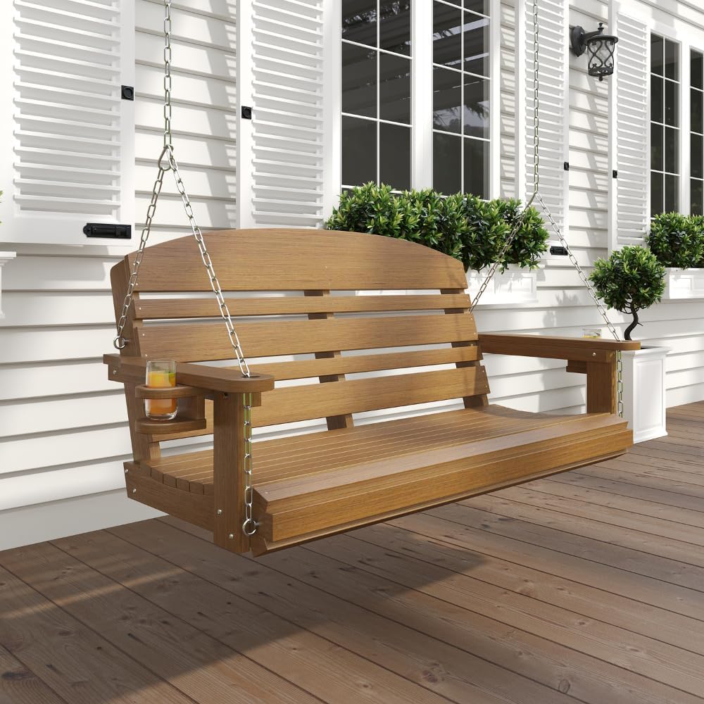 Classic Recycled Plastic Porch Swing in Mahogany Finish - Composite Poly Swing with Included Hanging Chains-VerdiqueGarden