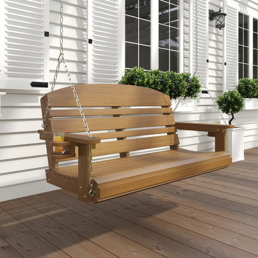 Classic Recycled Plastic Porch Swing in Mahogany Finish - Composite Poly Swing with Included Hanging Chains-VerdiqueGarden