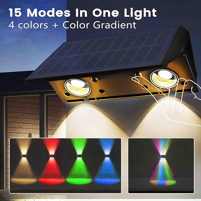 Fence Lights Solar Powered, 4-Pack Solar Fence Lights Up/Down Flexible Buttons, IP67 Waterproof for Outdoor, 120LM Bright, Auto Dusk to Dawn for Wall/Stairs/Yard/Railing/Deck/Pathway (White & RGB)-VerdiqueGarden