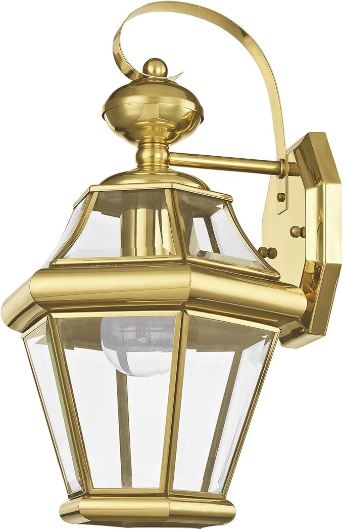 Livex Lighting 2161-02 Outdoor Wall Lantern with Clear Beveled Glass Shades, Polished Brass-VerdiqueGarden
