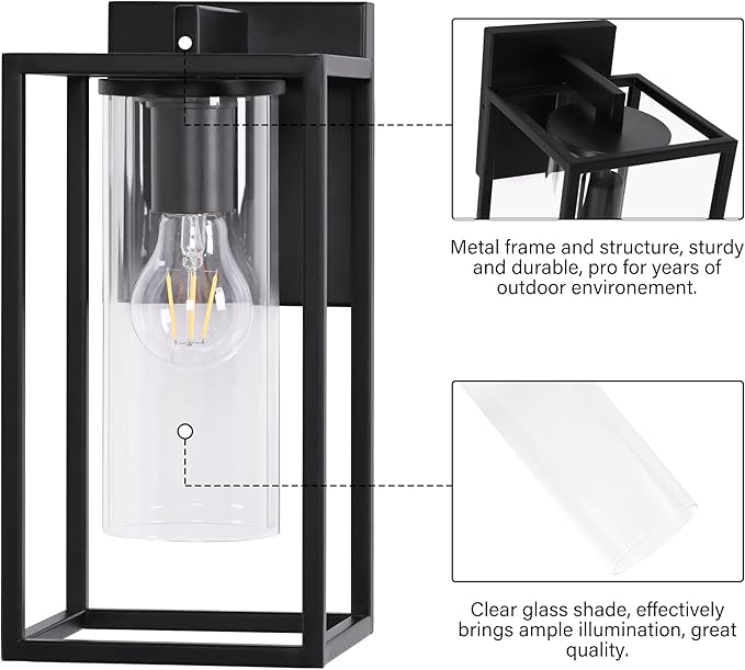 Pia Ricco Outdoor Wall Lights, Outdoor Wall Lantern with Circular Clear Glass Shade, Waterproof Exterior Lighting Fixtures, Modern Front Porch Lighting for House, Garage, E26 Base, ETL Listed, Black-VerdiqueGarden