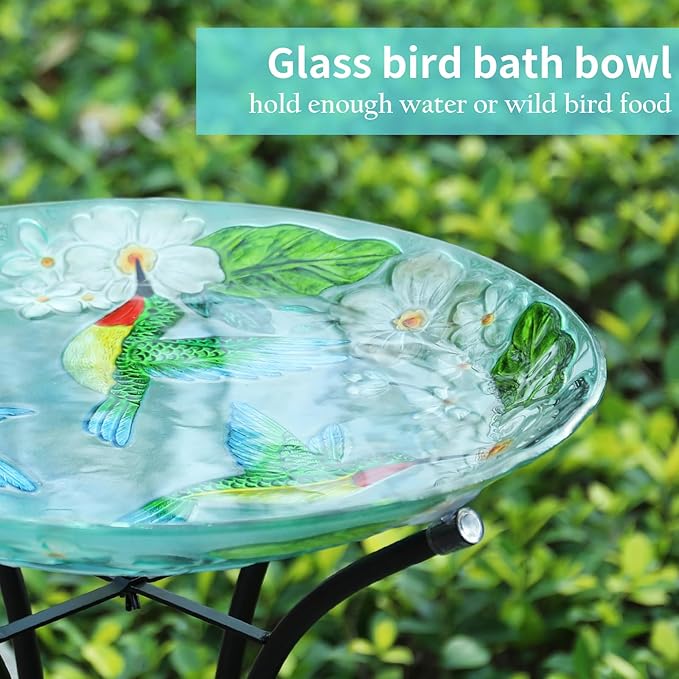 VCUTEKA 18" Outdoor Glass Birdbath with Sturdy Metal Stand for Lawn, Yard, or Garden Decor Bird Lovers Gift, Hummingbird Bird Bath Detachable, 22" Height-VerdiqueGarden