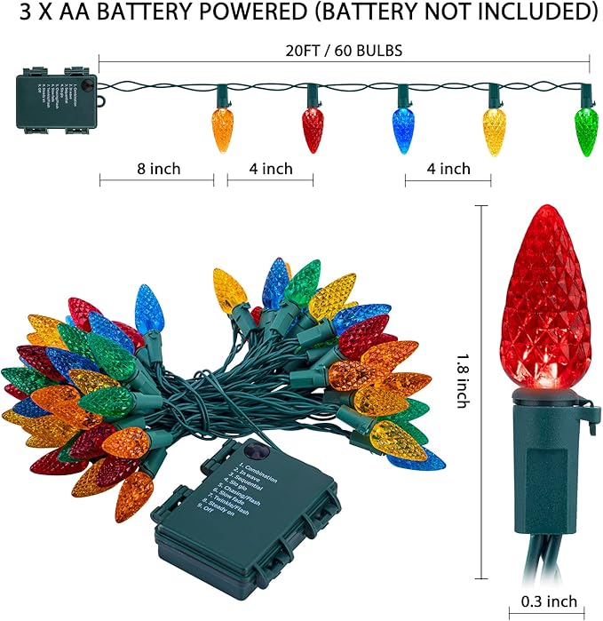 C6 LED Christmas String Lights - 2 Pack 20ft 60LED Battery Operated Strawberry String Lights with Timer and 8 Light Modes for Christmas Trees, Wreaths, Indoor Outdoor Xmas Decor, Multicolor-VerdiqueGarden