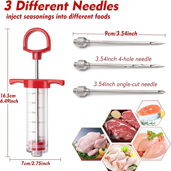 TGE-V 1-oz Plastic BBQ Marinade Injector Kit, Turkey Injector Syringe (3 Stainless Steel Meat Needles + 3 Replacement O Rings + 1 Cleaning Brush) for Smoked BBQ Grill-VerdiqueGarden