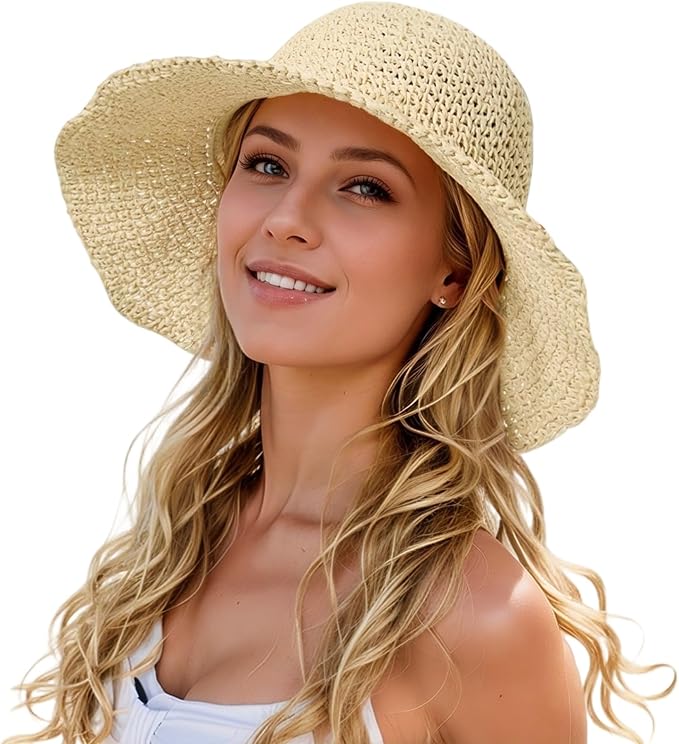 Womens Straw Beach Sun Hats, Foldable Packable Floppy Handmade Crochet Hats for Women,Large Summer Vacation Wide Brim Hat-VerdiqueGarden