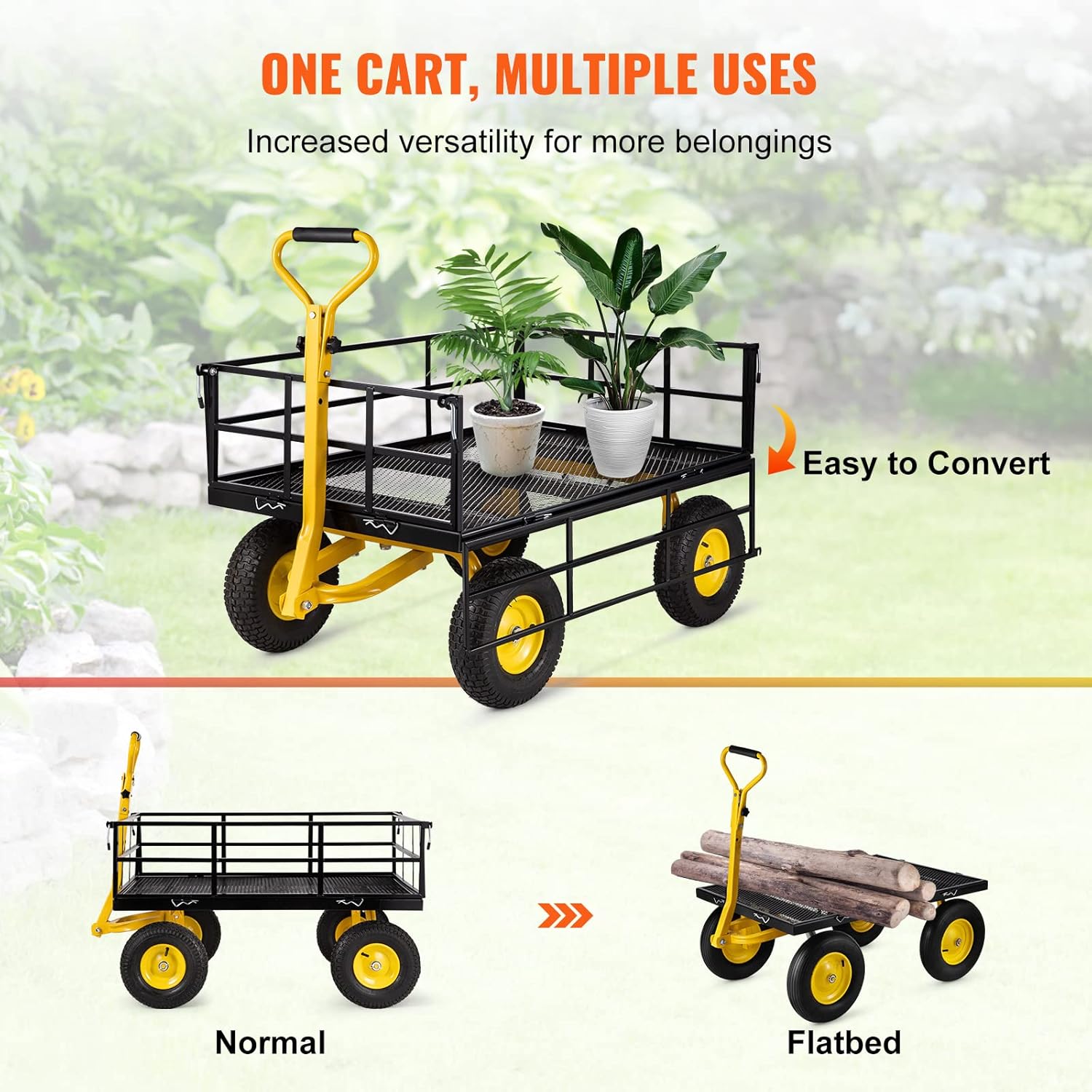 VEVOR Steel Garden Cart, Heavy Duty 1200 lbs Capacity, with Removable Mesh Sides to Convert into Flatbed, Utility Metal Wagon with 2-in-1 Handle and 13 in Tires, Perfect for Garden, Farm, Yard-VerdiqueGarden