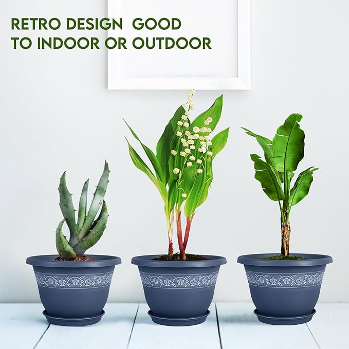 10 Inch Plant Pots with Drainage Hole - Lightweight Flower Pots for Herbs and Flowers - Home Decor Plastic Planters for Indoor Outdoor Plants- Pack of 4 (Blue, 10 inch)-VerdiqueGarden