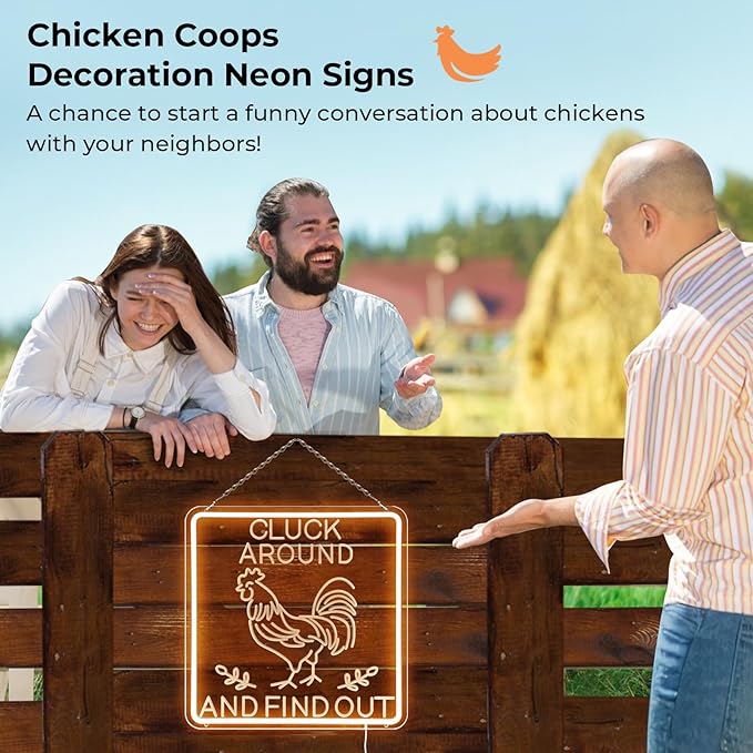 Funny Cluck Around and Find Out Large Neon Sign Dimmable, Rooster Decor 16 X 16 Inch Kitchen Decor for Farmhouse, Chicken Coop, Garden, Farm House Decoration, Rooster Gifts-VerdiqueGarden