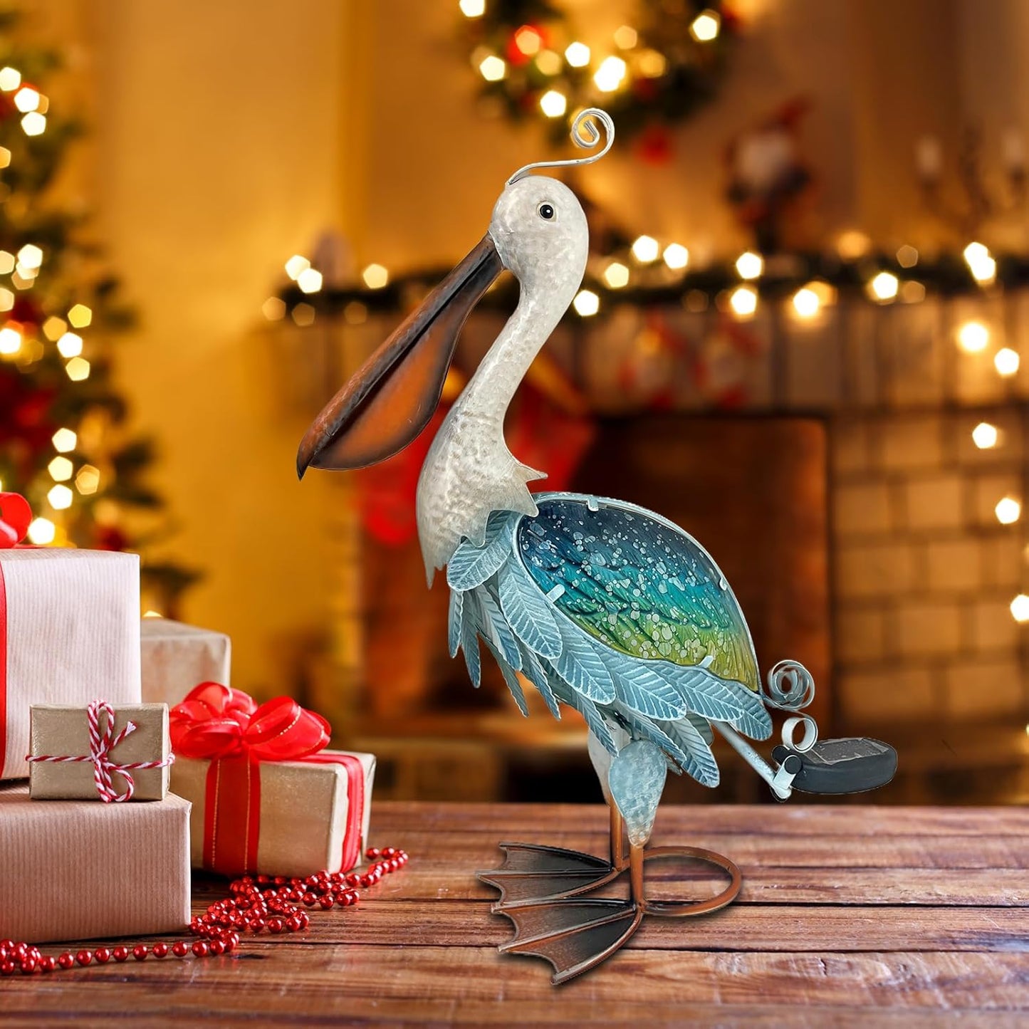 HONGLAND Solar Metal Pelican Statues Garden Sculpture & Statues, 19 Inch Glass Outdoor Pelican Yard Art Coastal Ocean Bird Decor Lawn Ornament for Backyard Porch Patio Decor（Blue-Green）-VerdiqueGarden