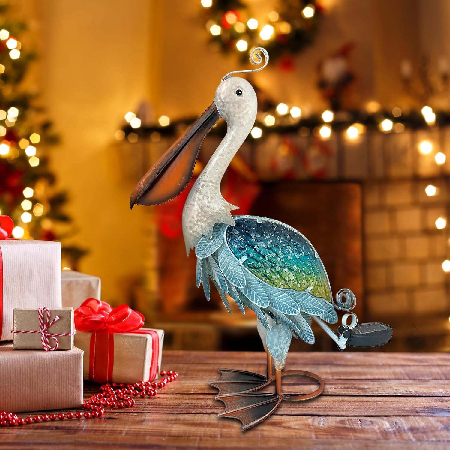 HONGLAND Solar Metal Pelican Statues Garden Sculpture & Statues, 19 Inch Glass Outdoor Pelican Yard Art Coastal Ocean Bird Decor Lawn Ornament for Backyard Porch Patio Decor（Blue-Green）-VerdiqueGarden