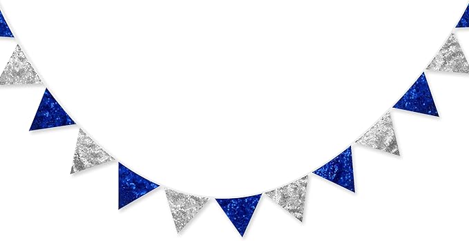 Pinkblume Silver Blue Double Sided Sequin Fabric Triangle Pennant Banner Flag Bunting Garland for Nautical Ahoy Anchor Theme Nursery Home Classroom Wall Decor-VerdiqueGarden