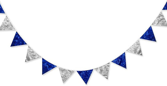 Pinkblume Silver Blue Double Sided Sequin Fabric Triangle Pennant Banner Flag Bunting Garland for Nautical Ahoy Anchor Theme Nursery Home Classroom Wall Decor-VerdiqueGarden