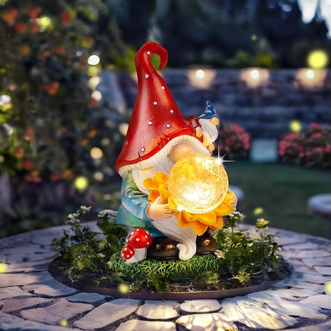 Solar Garden Decor Gnome Statues with Sunflower and Crackle Glass Globe Lights Gnome Outdoor Decorations for Garden Yard Patio Lawn, Unique Housewarming Gifts-VerdiqueGarden