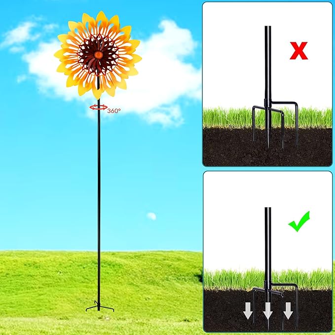 Sunflower Wind Spinners, 360 Degrees Swivel Metal Wind Sculptures, 76" Large Garden Pinwheels for Yard Lawn Patio Decor-VerdiqueGarden