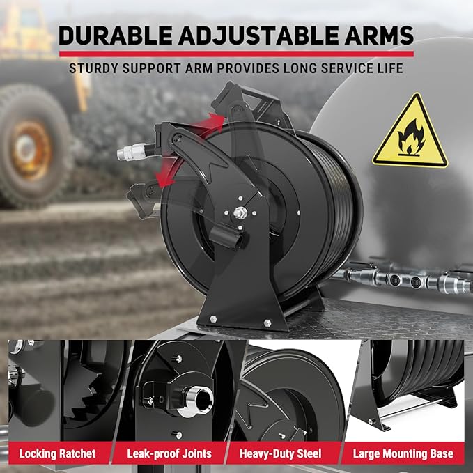 Retractable Fuel Hose Reel 1" x 50' with Fueling Nozzle, 300 PSI Heavy Duty Steel Construction Industrial Auto Swivel Spring Driven Diesel Hose Reel for Aircraft Ship Vehicle Tank Truck, Black-VerdiqueGarden