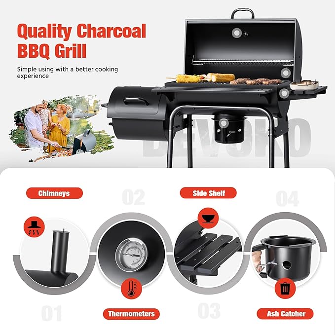 Devoko Charcoal Grill, Outdoor BBQ Grill with Offset Smoker and Side Table for Garden and Parties-VerdiqueGarden