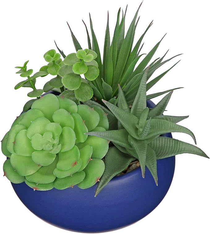 Fake Plants Artificial Succulents in Pots Faux Succulent Arrangement Potted Plant with Blue Ceramic Pot for Home Decor Modern Office Desk Bathroom Shelf Living Room Indoor & Outdoor Decoration-VerdiqueGarden