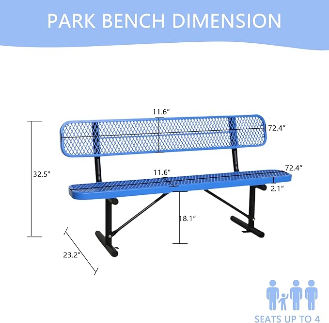 6FT Outdoor Benches Heavy Duty Park Bench with Back Portable Frame, Blue Metal Steel Bench, Outdoor Garden Bench Expanded Metal Mesh Bench for Lawn, Park, Deck, Garden, Patio, Porch, Black (Blue, 6FT)-VerdiqueGarden