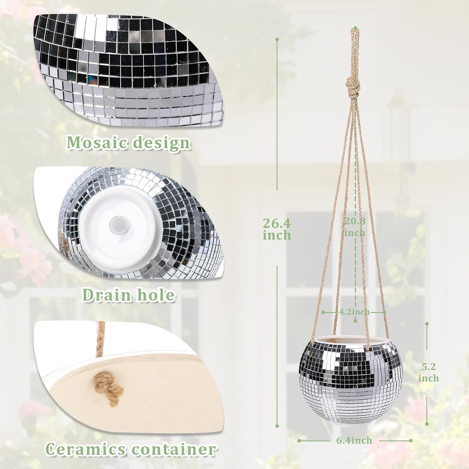 Hanging Planter Mosaic Garden Pot Small Flower Pot for Indoor Plant Disco Ball Hanging Planter with Drainage Sliver Check-VerdiqueGarden