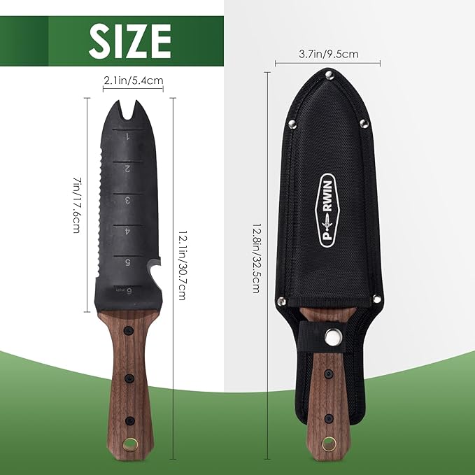 Hori Hori Garden Knife, Garden Tools with Sheath for Weeding,Planting,Digging, 7" Stainless Steel Blade with Cutting Edge, Full-Tang walnut Wood Handle with Hanging Hole-VerdiqueGarden