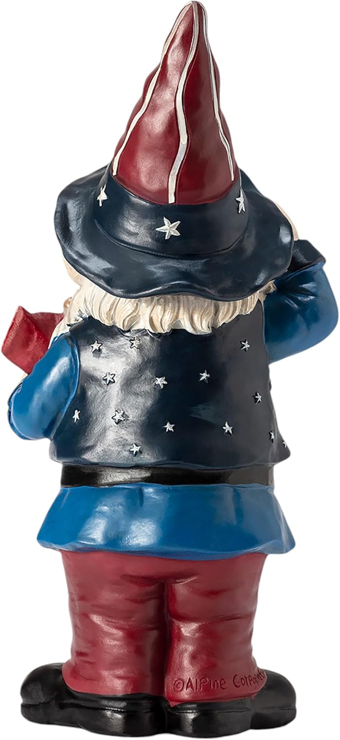 Alpine Corporation 12" Tall Outdoor Patriotic Garden Gnome Saluting Yard Statue Decoration-VerdiqueGarden