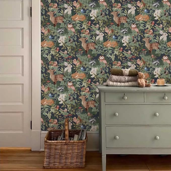 Animal Leaf Forest Deer Rabbits Squirrel Owl Green Plants Peel and Stick Wallpaper Self Adhesive Removable Easy Peel Off Contact Paper Stick on Wall Paper for Bedroom&Renter-VerdiqueGarden