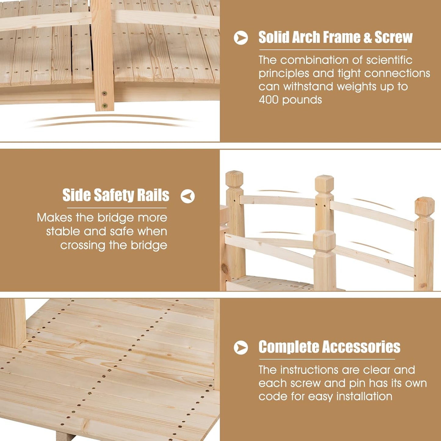 Giantex 5 FT Wooden Garden Bridge, Classic Wood Arc Footbridge with Railings, 400 lbs Capacity, Decorative Pond Bridge for Outdoor Garden Yard Backyard Creek Farm (Natural)-VerdiqueGarden