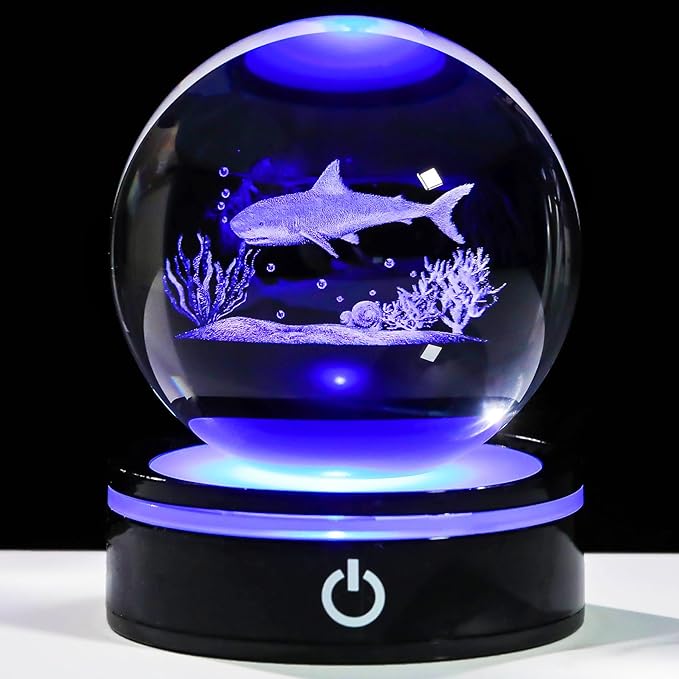 YWHL 3D Shark Figurine Crystal Ball with Colorful Light Base, Shark Gifts for Women Men Shark Lovers on Christmas Birthday, 3D Laser Engraved Shark Sphere Glass Ball for Home Office Decoration (80mm)-VerdiqueGarden