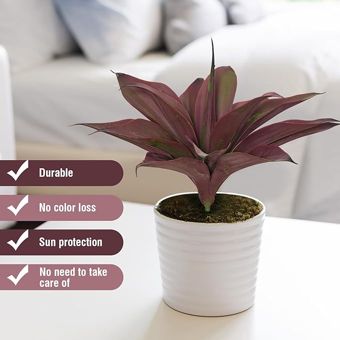 Fake Plants Artificial Agave Plants 13.8" Large UV Resistant Fake Agave Planters for Indoor and Outdoor Decorating Tropical Plant Succulents Greenery Indoor Decor(2Pack, Purple-VerdiqueGarden