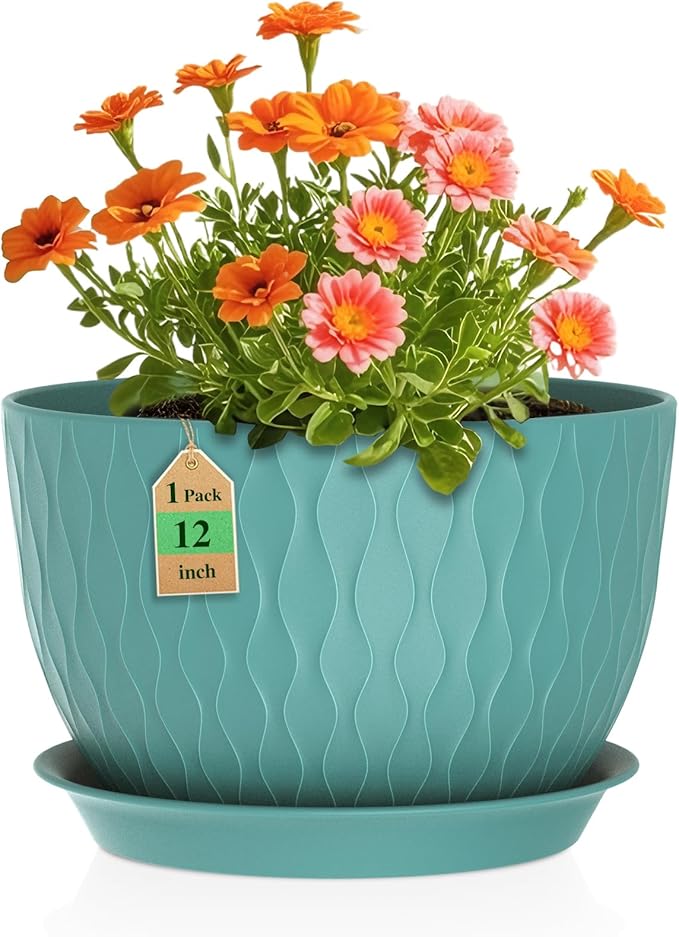 12 Inch Large Plant Pots for Indoor or Outdoor Plants, Wide Water Ripples Flower Pots with Drainage Holes & Saucer, Plastic Planters Set for Garden & Home Decor (Blue Green)-VerdiqueGarden